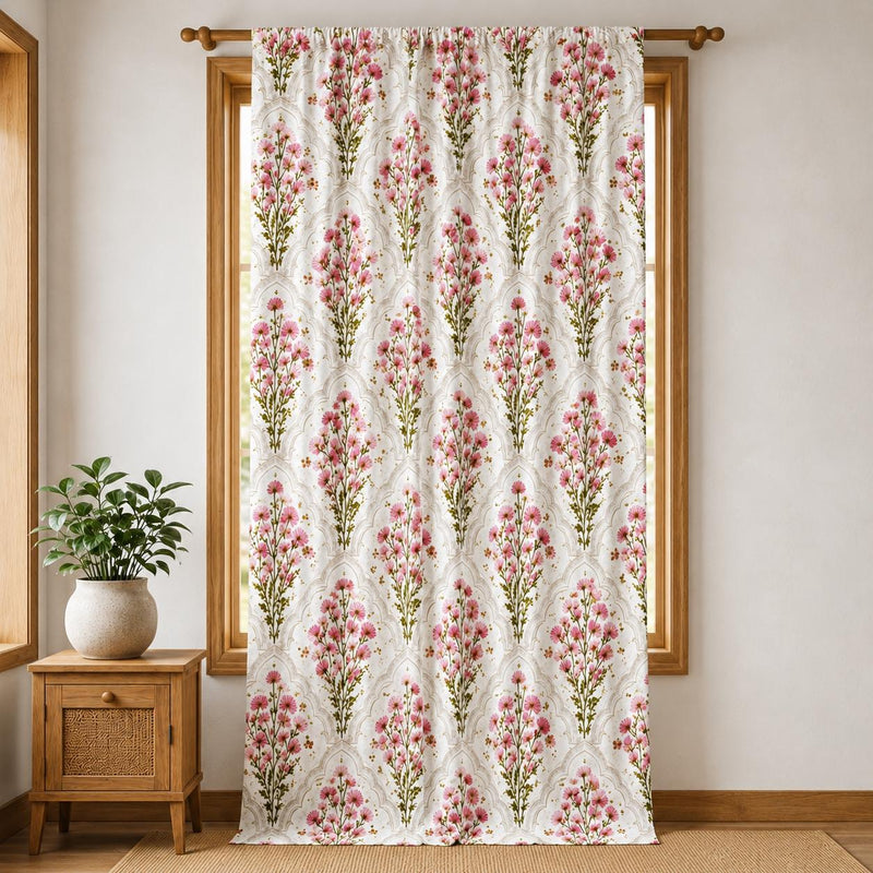 Pink Floral Linen Curtain, Botanical Boho Window Panel, Farmhouse Drapes