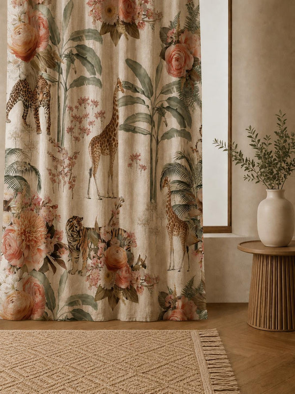 Safari Floral Curtain, Jungle Animal Drapes, Boho Linen Curtain, Giraffe Tiger Window Panel