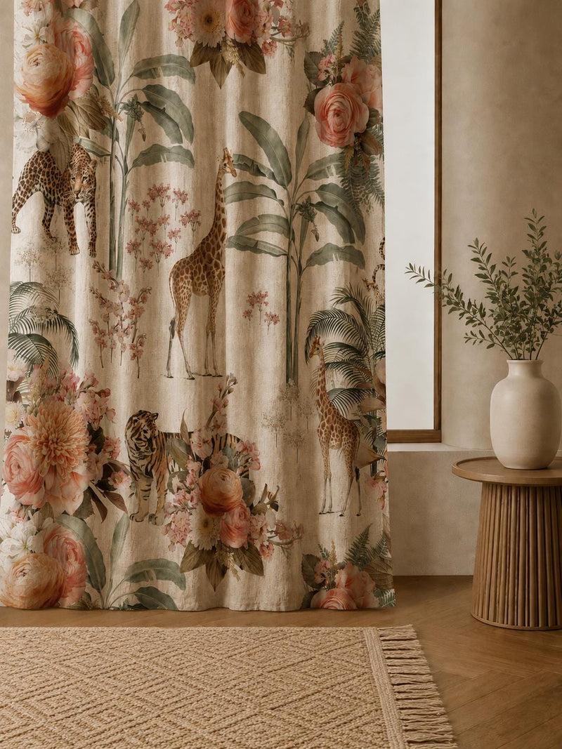 Safari Floral Curtain, Jungle Animal Drapes, Boho Linen Curtain, Giraffe Tiger Window Panel