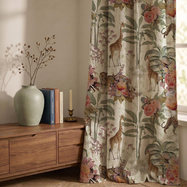 Safari Floral Curtain, Jungle Animal Drapes, Boho Linen Curtain, Giraffe Tiger Window Panel