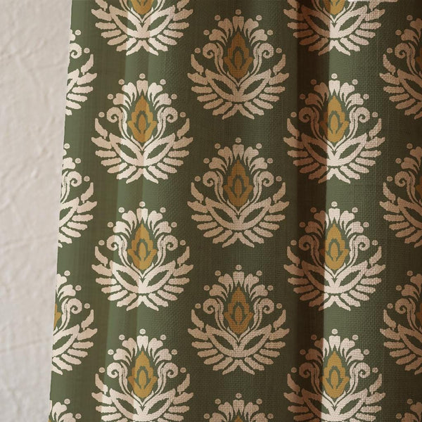 Green Damask Linen Curtain, Vintage Floral Medallion Drapes, Botanical Farmhouse Panel
