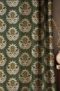 Green Damask Linen Curtain, Vintage Floral Medallion Drapes, Botanical Farmhouse Panel - Image 1