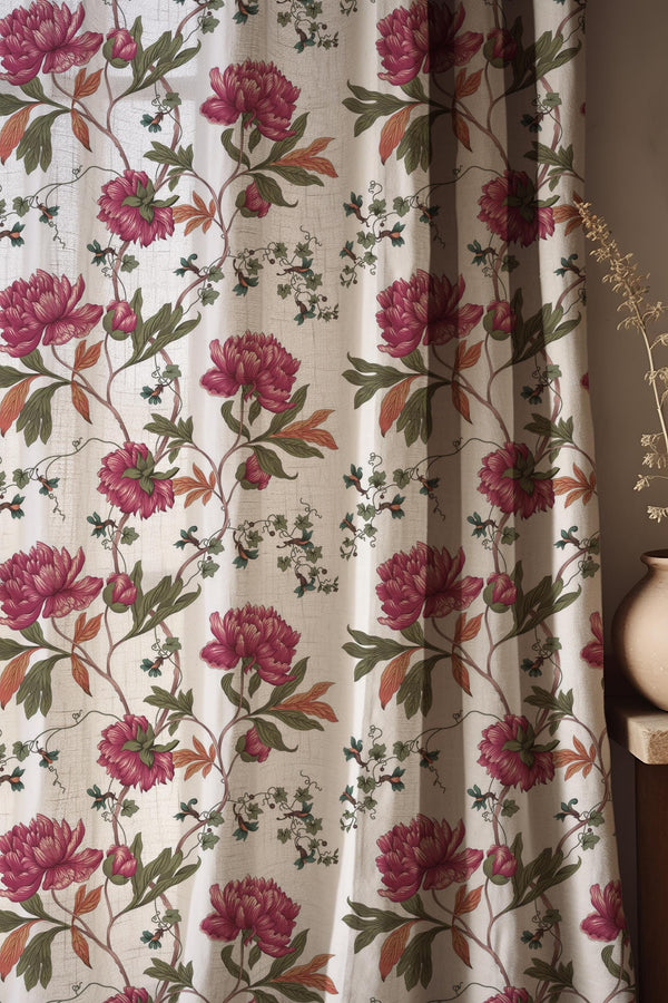 Vintage Peony Botanical Linen Curtain, Cottagecore Floral Drapes, Farmhouse Window Panel