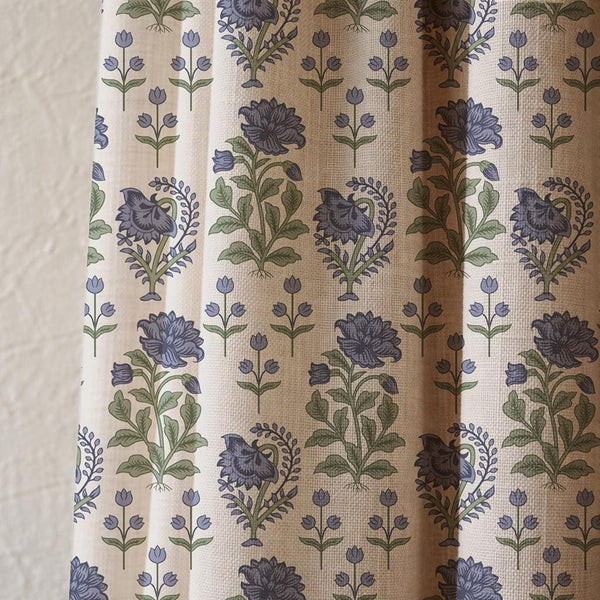 Blue Floral Linen Curtain, Botanical Garden Drapes, Cottagecore Farmhouse Window Panel