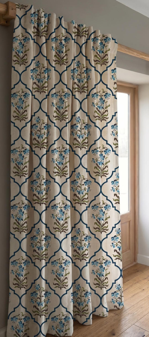Blue Floral Trellis Linen Curtain, Geometric Botanical Farmhouse Drapes, Cottagecore Window Panel