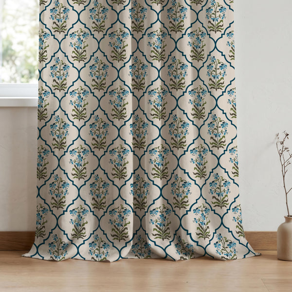 Blue Floral Trellis Linen Curtain, Geometric Botanical Farmhouse Drapes, Cottagecore Window Panel