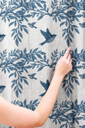 Blue Bird and Leaf Patterned Linen Texture Curtains, Nature Inspired Custom Size Drapery, Boho Farmhouse Window Treatments for Living Room - Image 3