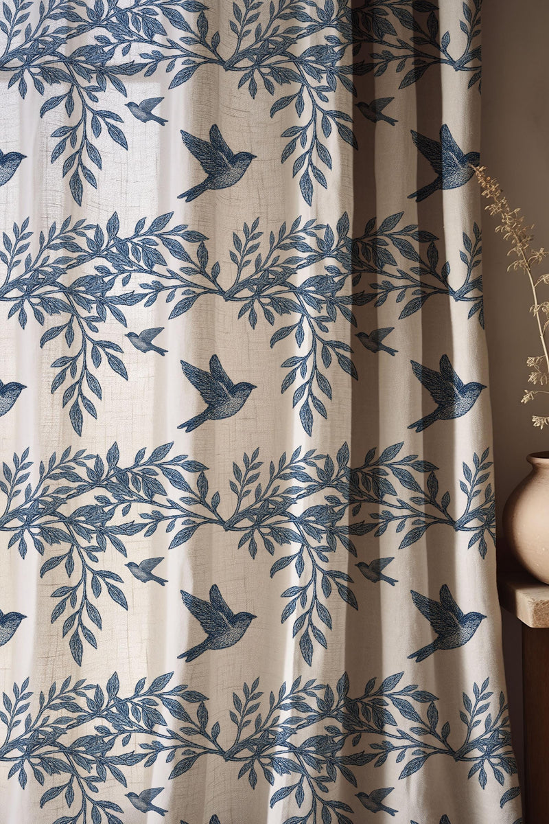 Blue Bird and Leaf Patterned Linen Texture Curtains, Nature Inspired Custom Size Drapery, Boho Farmhouse Window Treatments for Living Room