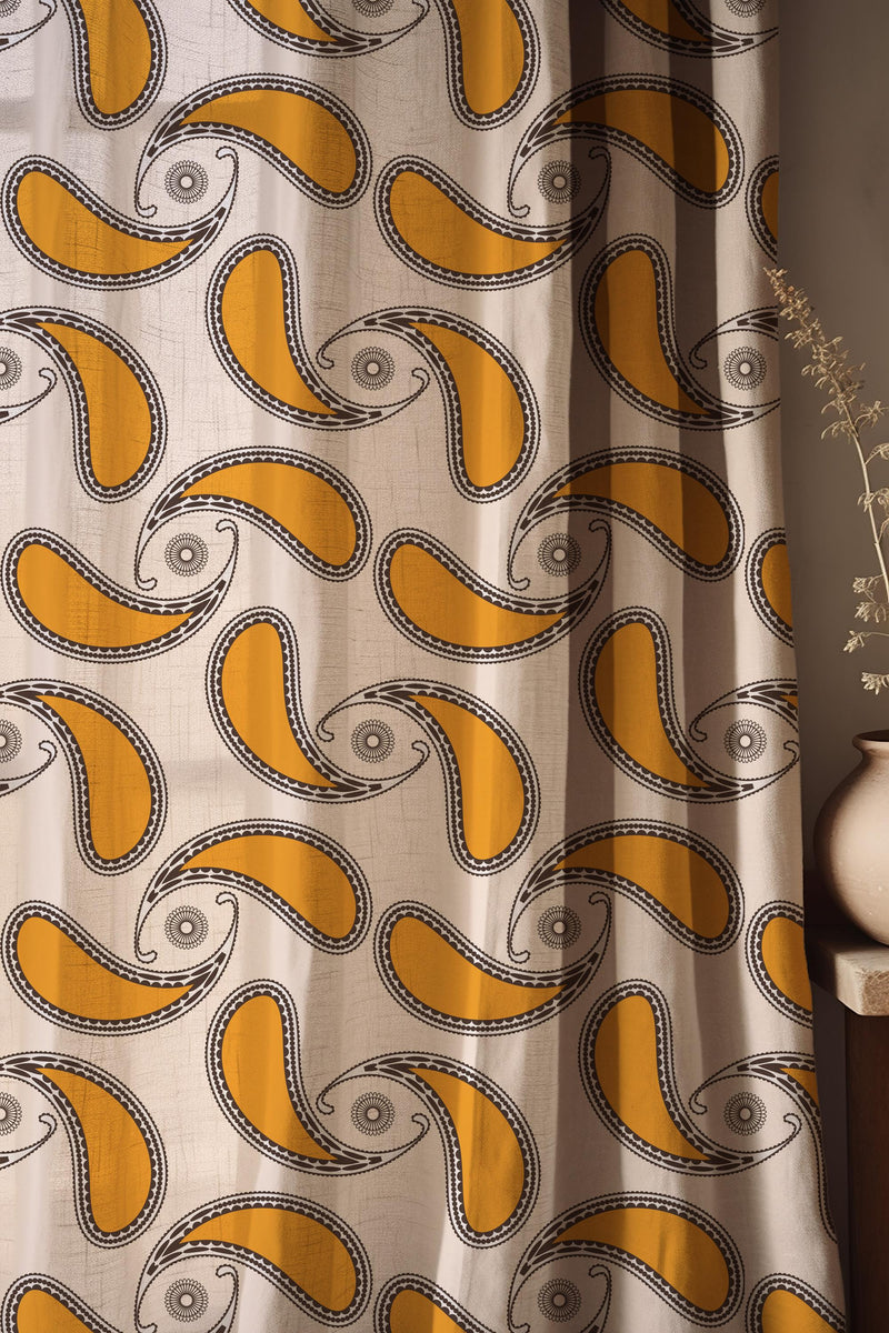 Mustard Paisley Linen Curtain, Boho Retro Botanical Window Panel, Mid Century Style Drapes