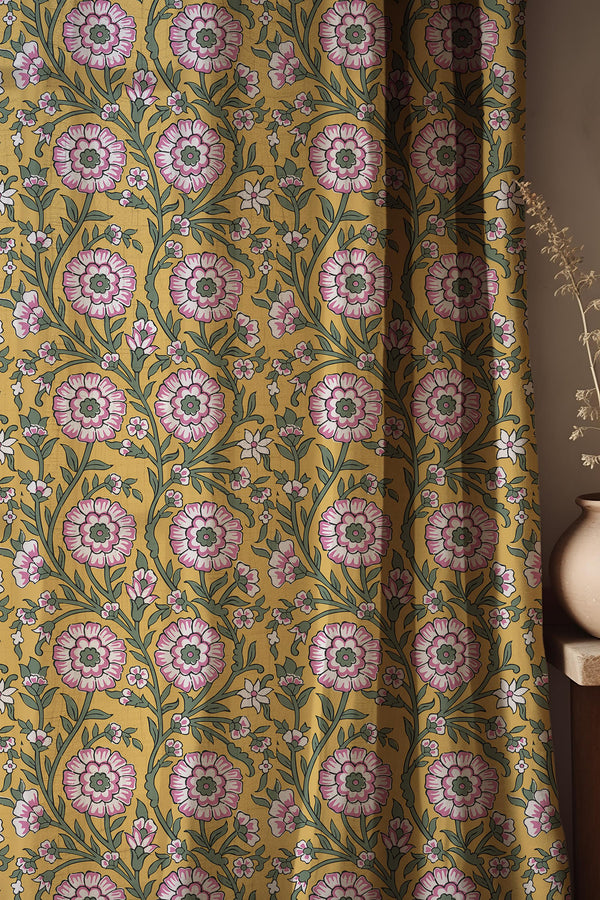 Mustard Pink Floral Linen Curtain, Vintage Botanical Drapes, Cottagecore Window Panel