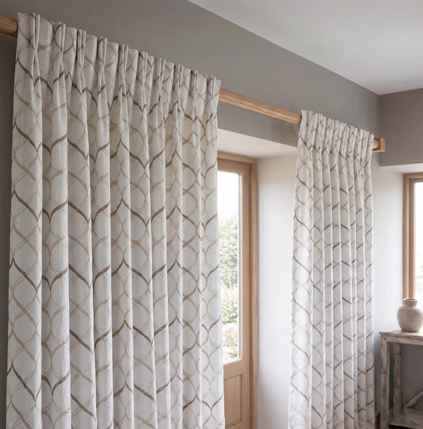 Luxury Embroidered Linen Curtain: Neutral Geometric Trellis Drapery