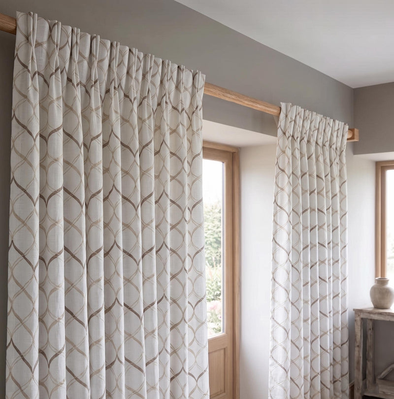 Luxury Embroidered Linen Curtain: Neutral Geometric Trellis Drapery