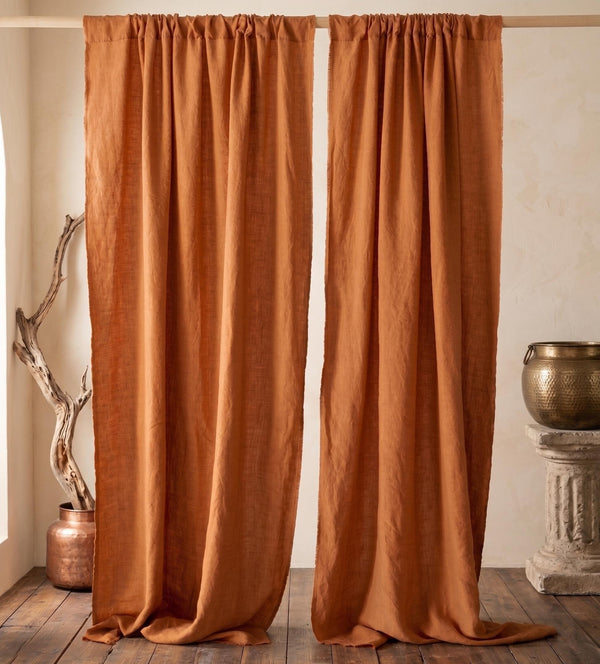 Terracotta Linen Curtain, Rustic Linen Drapes, Farmhouse Curtain Panel, Boho Window Treatment, Custom Curtain