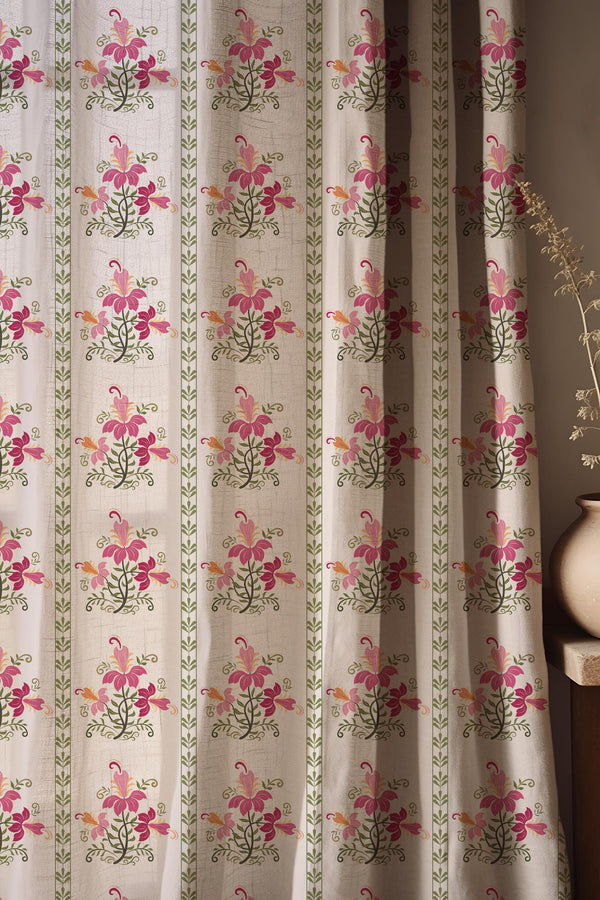 Pink Floral Linen Curtain, Botanical Vintage Drapes, Cottagecore Panel, Farmhouse Romantic Flower Custom Size
