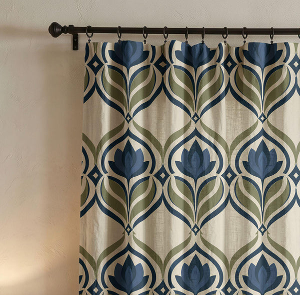 Art Nouveau Linen Curtain, Blue & Green Floral Window Panel, Custom Size