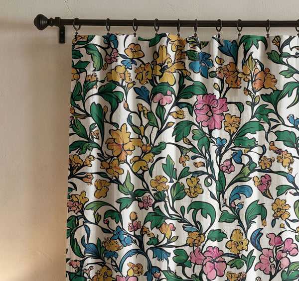 Colorful Vintage Botanical Floral Linen Curtain, Floral Vine Window Panel, Custom Size
