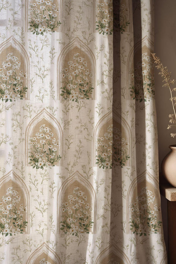 Neutral Floral Linen Curtain, Beige Archway and Delicate White Daisy Window Panel, Custom Size