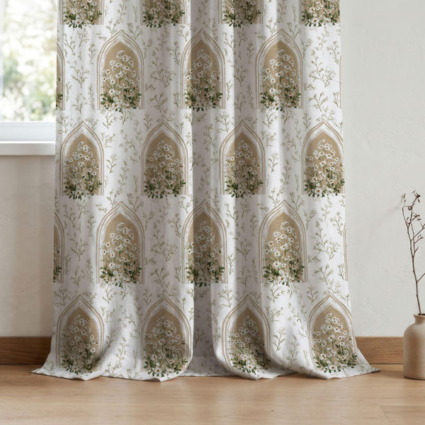 Neutral Floral Linen Curtain, Beige Archway and Delicate White Daisy Window Panel, Custom Size