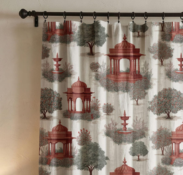 Red Pavilion & Green Tree Scenic Toile Linen Curtain, Garden Pavilion Window Panel, Custom Size