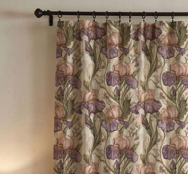 Purple Iris Linen Curtain, Vintage Floral Window Panel, Custom Size