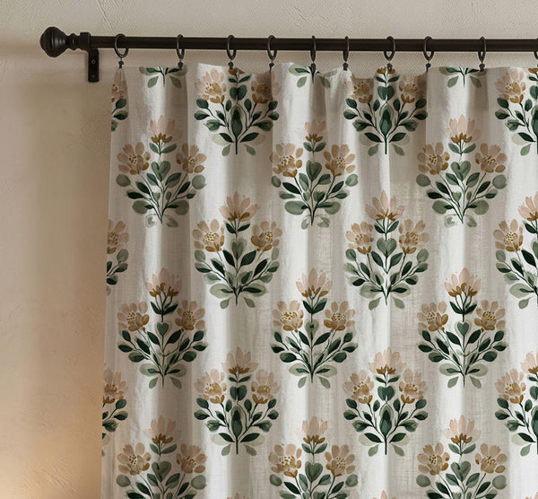 Green Floral Linen Curtain, Botanical Block Print Style Window Panel, Custom Size