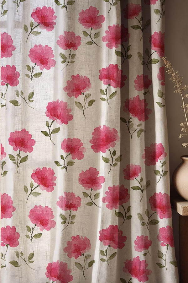 Pink Floral Linen Curtain, Romantic Botanical Window Panel, Cottagecore Curtain, Custom Size