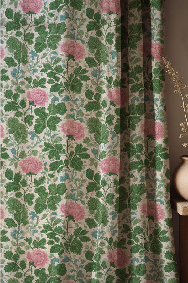 Arts & Crafts Style Linen Curtain, Botanical Window Panel, Green Leaf Cottagecore Curtain, Custom Size