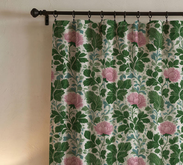 Arts & Crafts Style Linen Curtain, Botanical Window Panel, Green Leaf Cottagecore Curtain, Custom Size