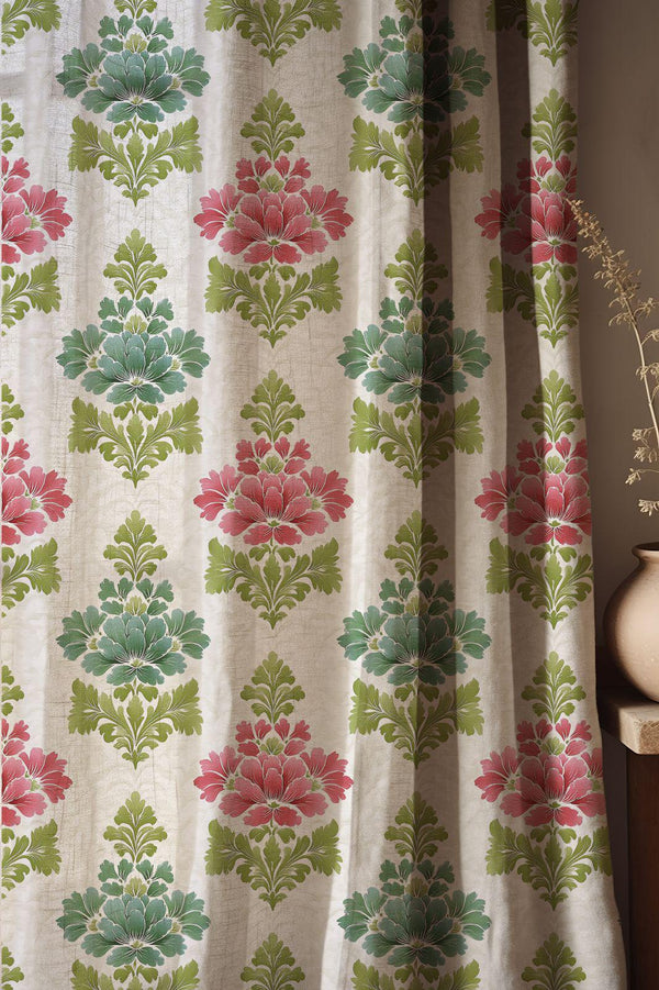 Pink Green Damask Linen Curtain, Vintage Floral Window Panel, Botanical Cottagecore Curtain, Custom Size