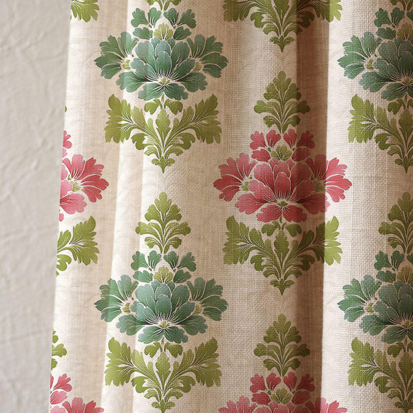 Pink Green Damask Linen Curtain, Vintage Floral Window Panel, Botanical Cottagecore Curtain, Custom Size