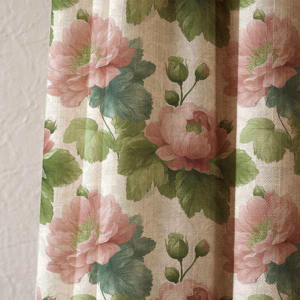 Pink Peony Linen Curtain, Floral Botanical Window Panel, Cottagecore Curtain, Custom Size