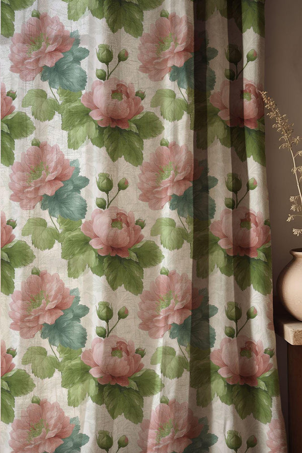 Pink Peony Linen Curtain, Floral Botanical Window Panel, Cottagecore Curtain, Custom Size