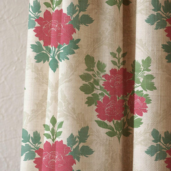 Pink & Green Floral Damask Linen Curtain, Botanical Window Panel, Cottagecore Bedroom Curtain, Custom Size
