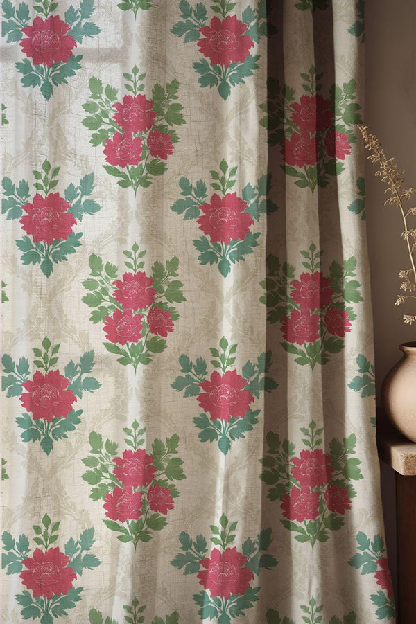 Pink & Green Floral Damask Linen Curtain, Botanical Window Panel, Cottagecore Bedroom Curtain, Custom Size