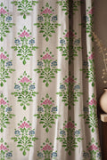 Green Floral Linen Curtain, Folk Block Print Style Window Panel, Botanical Curtain, Custom Size - Image 1