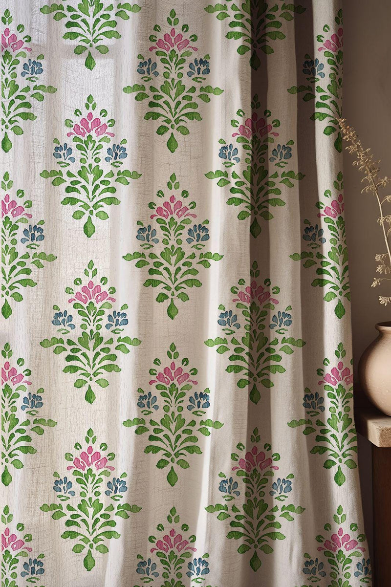 Green Floral Linen Curtain, Folk Block Print Style Window Panel, Botanical Curtain, Custom Size