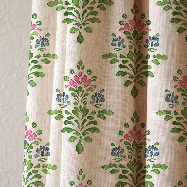 Green Floral Linen Curtain, Folk Block Print Style Window Panel, Botanical Curtain, Custom Size