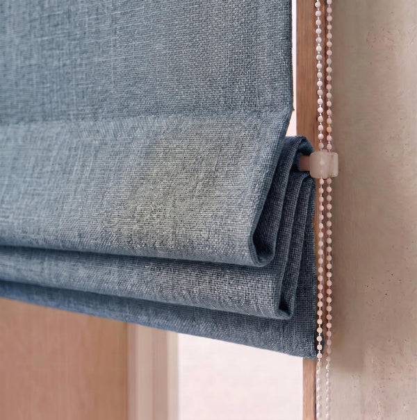Textured Blue Linen Roman Shade, Custom Window Treatment, Cordless Chain Blind