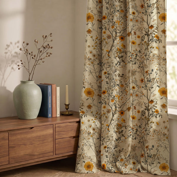 Floral Linen Curtain Panel, Rustic Wildflower Drapes, Botanical Cottagecore Farmhouse Window Covering