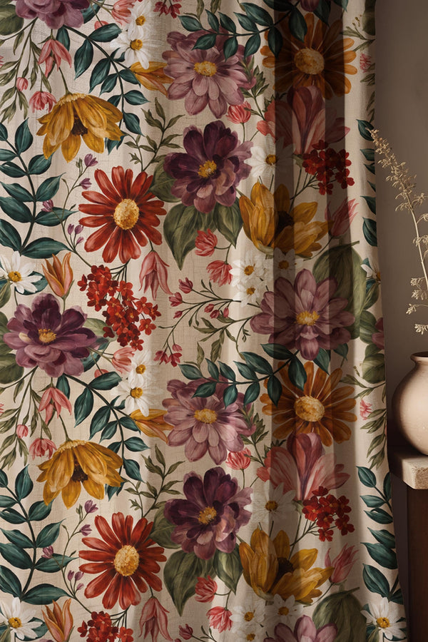 Maximalist Floral Linen Curtain Panel, Vintage Botanical Boho Drapes