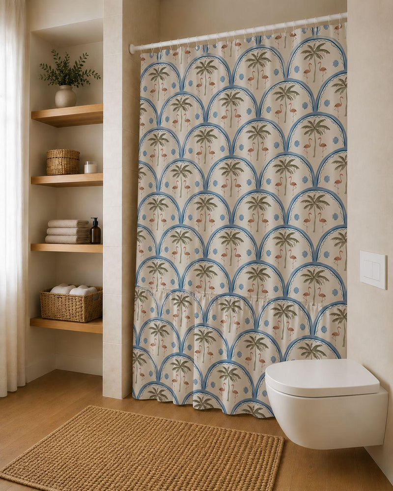 Palm Tree Flamingo Shower Curtain, Cotton Linen Tropical Bathroom Decor (Waterproof Lining Option)