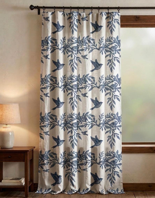 Blue Bird and Leaf Patterned Linen Texture Curtains, Nature Inspired Custom Size Drapery, Boho Farmhouse Window Treatments for Living Room