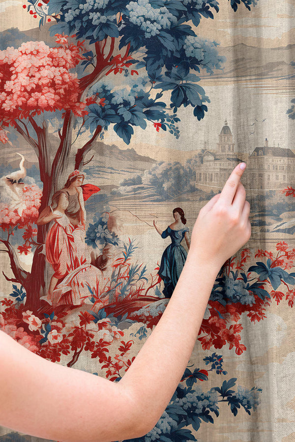 French Country Curtain, Toile De Jouy Curtain, Vintage Linen Drapes, Cottagecore Curtain Panel, Farmhouse Window Decor