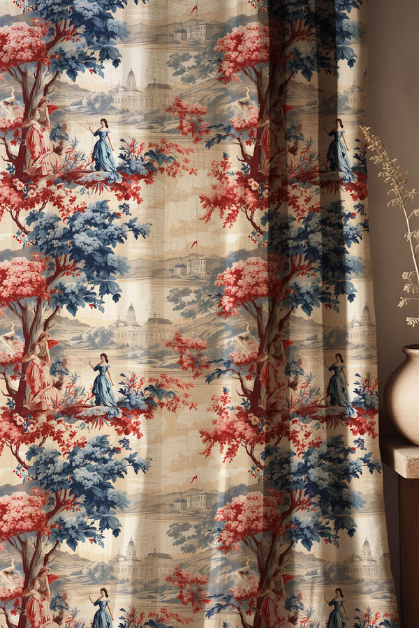 French Country Curtain, Toile De Jouy Curtain, Vintage Linen Drapes, Cottagecore Curtain Panel, Farmhouse Window Decor