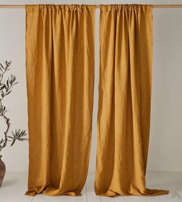 Mustard Linen Curtain, Rustic Farmhouse Drapes, Boho Window Panel, Textured Linen Curtain, Custom Neutral Curtain