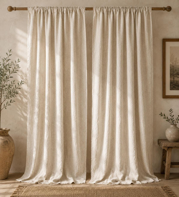 Beige Linen Curtain Tieback, Neutral Farmhouse Drapes, Rustic Linen Look Curtain Panel, Soft Cream Window Treatment