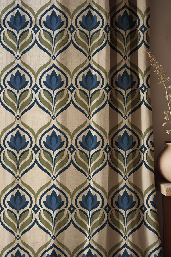 Art Nouveau Linen Curtain, Blue & Green Floral Window Panel, Custom Size