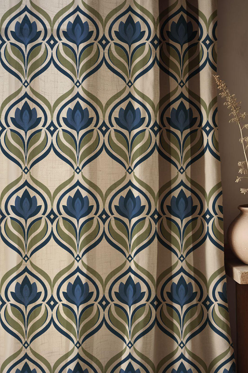 Art Nouveau Linen Curtain, Blue & Green Floral Window Panel, Custom Size