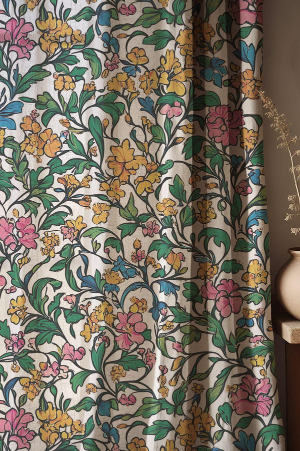 Colorful Vintage Botanical Floral Linen Curtain, Floral Vine Window Panel, Custom Size