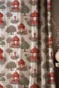 Red Pavilion & Green Tree Scenic Toile Linen Curtain, Garden Pavilion Window Panel, Custom Size - Image 1
